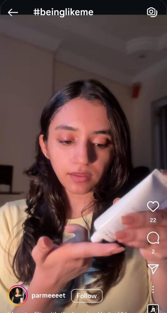 Parmeeet applying a Korean toner, revealing glowing, dewy skin as part of her #BeingLikeMe skincare routine.