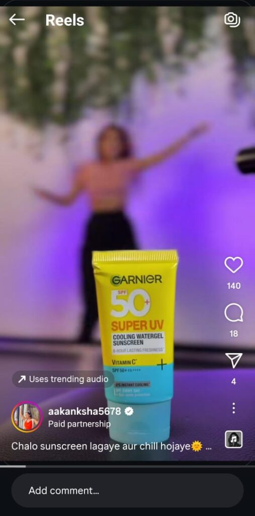 Aakanksha showcasing Garnier’s SPF water-gel in influencer reel campaign.