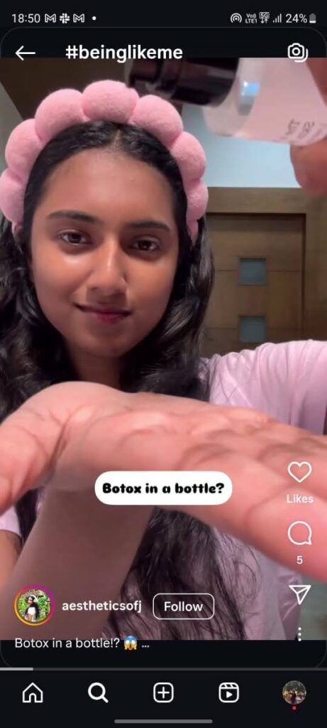 AestheticsofJ demonstrating a plumping Korean toner, dubbed "Botox in a bottle," for smooth, firm skin.