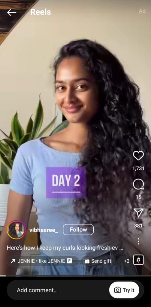 “Vibha sharing curly hair tips and showing how she says bye to frizz with this simple haircare routine.”