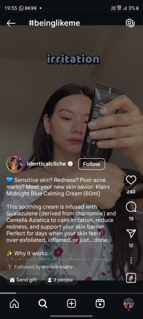 IdenticalCliche applying Klairs Midnight Blue Calming Cream to soothe redness and restore skin balance.