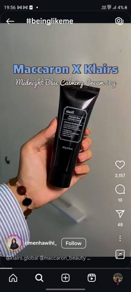 Rimenhawihi highlighting Klairs Midnight Blue Calming Cream for calming sensitive, dehydrated skin.