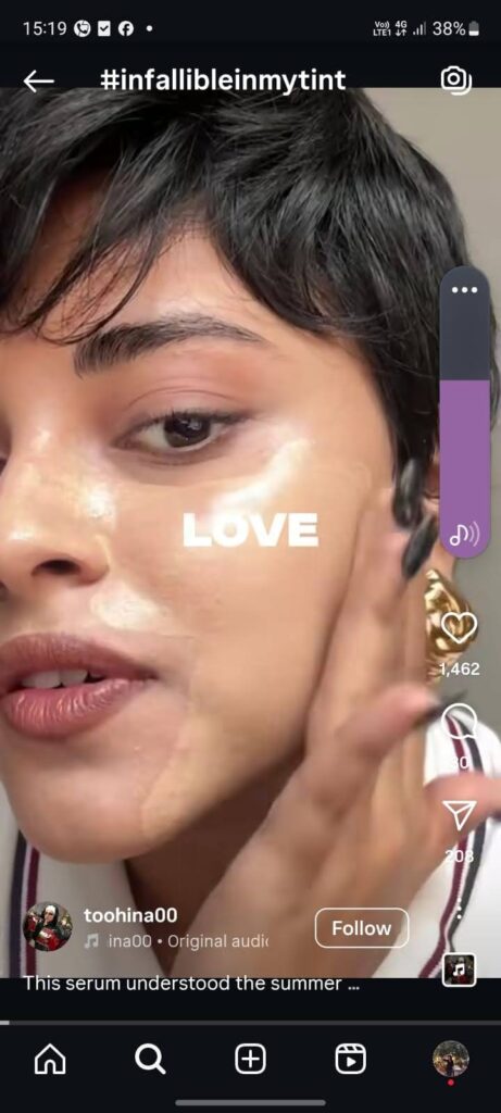 Close-up aesthetic reel by Ina showing creamy texture and glow of L’Oréal Infallible Tinted Serum for radiant summer skin.